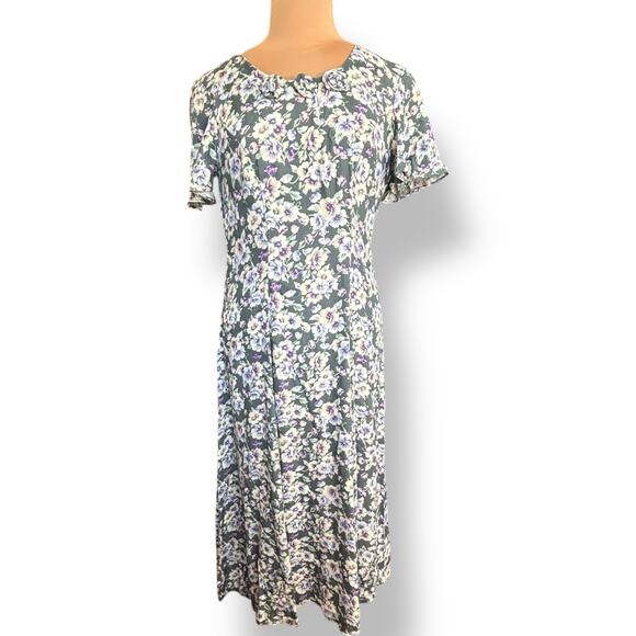 Vintage 90s CDC Petites Floral Rayon Dress Purple White Rosettes Cottagecore 8 - Picture 10 of 10